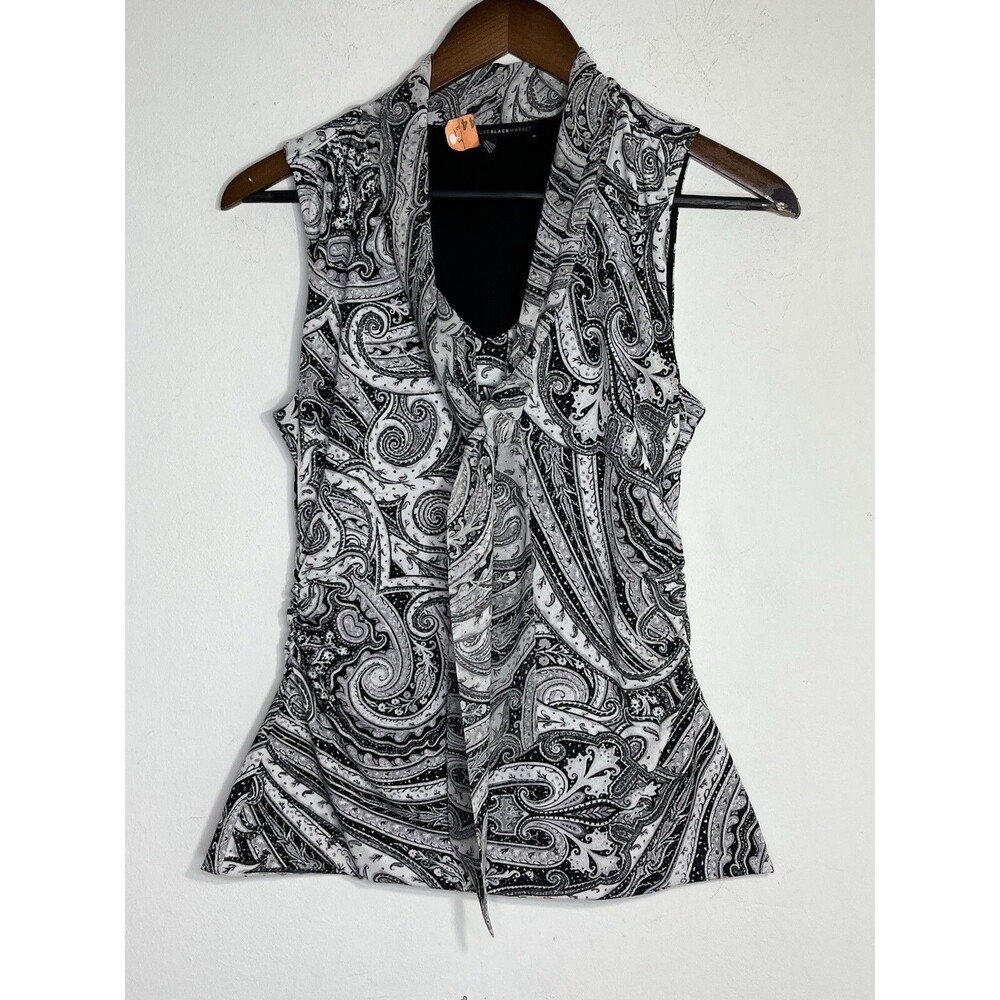 White House Black Market Career Paisley Grey scale Top Fitted Office siren SZ S